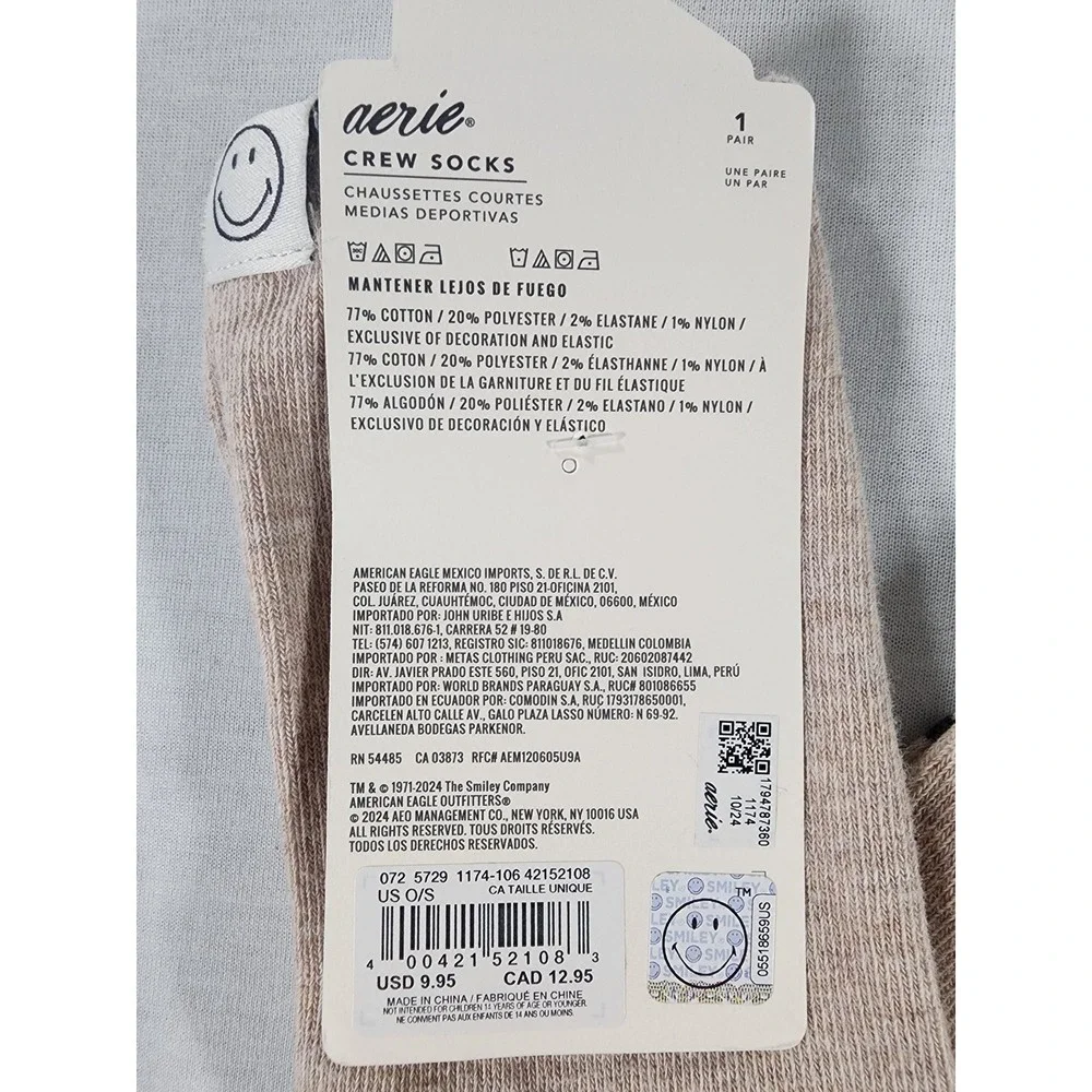 Aerie Crew Socks Women OS Smiley Face Tag Tan Beige Cotton Blend Ribbed NEW